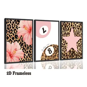 3-piece set, leopard-print wall art, “Lucky No. 8” leopard-print pink floral canvas print, perfect for girls' rooms, living rooms, bedrooms, and home decor; 2D flat, frameless canvas poster, Decorative