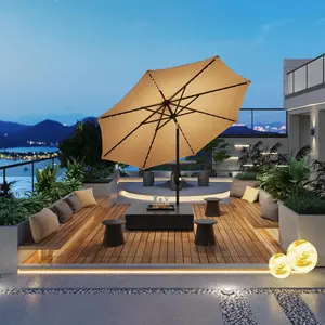 Garvee 10 ft Solar Patio Umbrella with 40 LED Lights, Outdoor Table Umbrella, UV-Resistant Canopy for Garden, Deck and Backyard,Tan