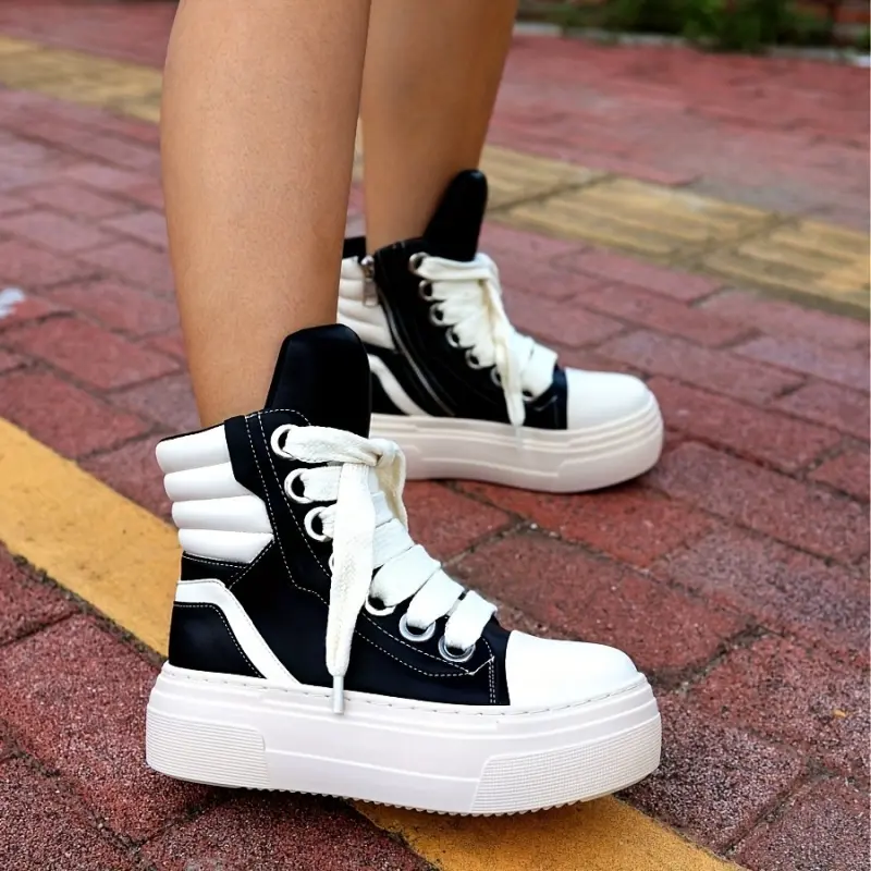 Women's Large-Size Thick-Bottom Platform High-Top Sneakers - Fashion Mixed-Color Lace-Up Athletic Shoes for Running, Walking, Training, All-Match Casual Wear, Walking Shoes, Sports Shoes