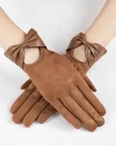 Bow Accent Cutout Touch-Screen Gloves - Suede Material, Wrist-Length, Elegant Design for Formal Events & Weddings