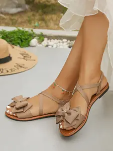Women's Wide Width Flat Sandals, European Style Open Toe Design, Bow Detail, Perfect for Beach and Outdoor Activities, Bowknot Design Sandals