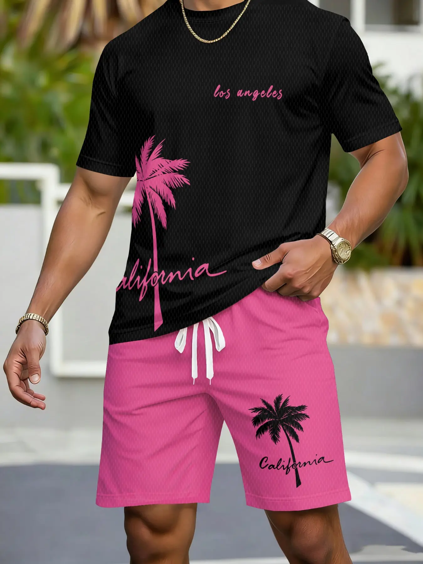 Men's Beach Set Coconut Tree Print T-Shirt with Shorts, Menswear, Summer Casual Sports, Tropical, Contemporary Style, Fitted, All Seasons, Fashion Clothes