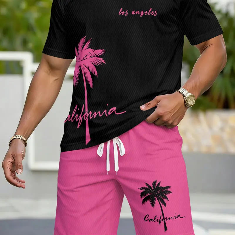 Men's Beach Set Coconut Tree Print T-Shirt with Shorts, Menswear, Summer Casual Sports, Tropical, Contemporary Style, Fitted, All Seasons, Fashion, Polyester Shorts Set