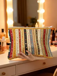 1pc, Portable and Charming Floral Striped Lines Print Corduroy Cosmetic Bag, Large Capacity Makeup and Toiletry Storage Pouch for Travel and Everyday Use