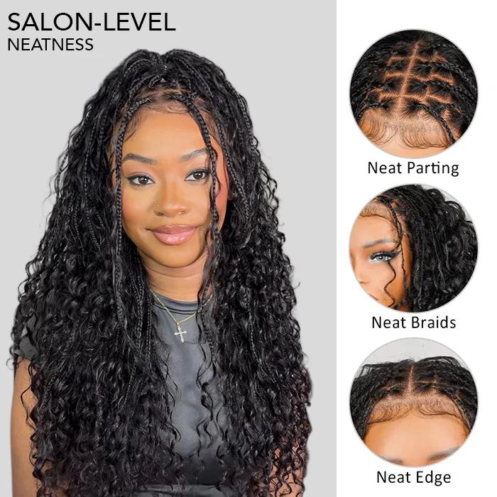 13x6 Boho Curls Braided Wigs Human Hair Pull Go Drawstring Cap HD Full Lace Frontal Wig Knotless Pre Cut Lace
