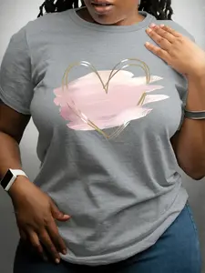 Women's Plus Size Valentine's Day Heart Print Round Neck T-Shirt, Casual Fitted Short Sleeve Top for Spring Summer
