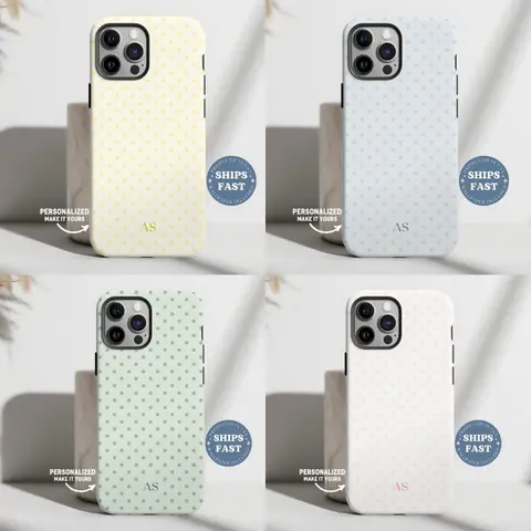 NEW ARRIVAL! Custom Polka Dot Shockproof Polycarbonate Smartphone Case - Personalized Name/Initials Soft Matte Pastel Cover for iPhone 18 Pro, iPhone 18 Pro Max, Samsung Galaxy Ultra, Waterproof Dual Protection Accessory