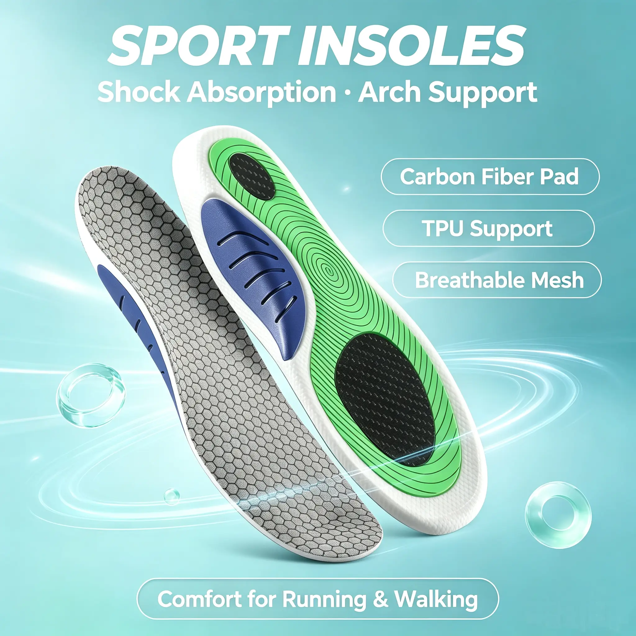 Carbon Fiber Arch Insoles - Anti-Slip Mesh Surface,TPU Arch Support,Shock Absorption,Anti-Torsion Rebound,Ergonomic Cushion Comfort for Running Sneakers,Casual Shoes,Athletic Footwear & Walking Inserts