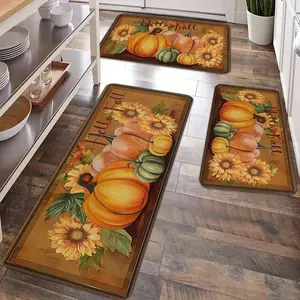 2/3pcs Autumn Thanksgiving Kitchen Floor Mat Carpet, Watercolor Pumpkin Sunflower Printed Flannel Soft, Anti Drop Floor Mat, Thanksgiving Party Kitchen, Dining Room, Living Room, Entrance Door, Laundry Floor Decoration Carpet, Home Decorative Rug