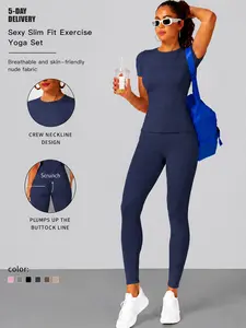 2-Piece Solid-Color Athletic T-Shirt Set Women's Sportswear Set, Slim-Fit RoundNeck Short Sleeves & High-Waisted YogaPants, Ideal for Gym Running OutdoorActivities,  Stretchy Suit Set, Fitness Outfits,Workout Running Outfits-8627 Training Clothes Athleisu