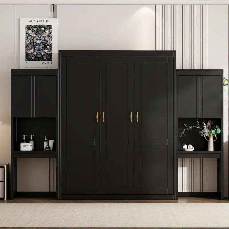【Bellemave】Queen Size Murphy Bed with Desk, Vanity and Cabinets, Espresso