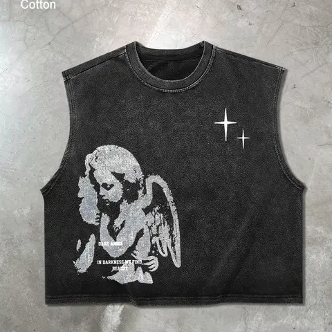 Y2K Washed Black Crop Tank Top Cropped Sleeveless | Grunge Angel Print Sleeveless Tee | Oversized Casual Unisex Streetwear for Women Men | Dark Aesthetic TikTok Trend | Vintage Cotton Summer Top