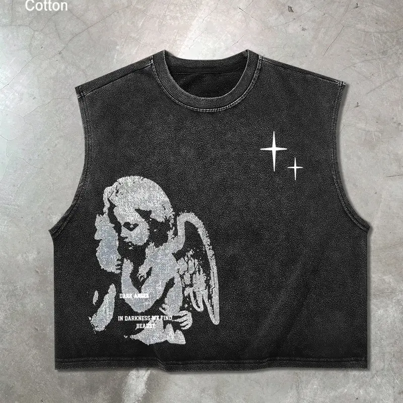 Y2K Washed Black Crop Tank Top Cropped Sleeveless | Grunge Angel Print Sleeveless Tee | Oversized Casual Unisex Streetwear for Women Men | Dark Aesthetic TikTok Trend | Vintage Cotton Summer Top