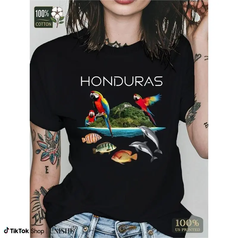 Women's Classic Regular Fit Cotton Round Neck Short-Sleeve Sporty Chic Digital Print Island Print Honduras All Seasons Sports Top, Lady Casual Streetwear Black Tee, Fitted, Ribbed Crew, Crew Neck, Graphic, Machine Washable, Casual Tops, Shortsleeve, Tshir