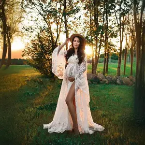 Bohemian Maternity Lace V-Neck High Waist Maxi Dress for Pregnancy Photoshoot Floor Length Maternity Gown