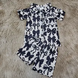 Short sleeves black bow printed kids girls summer button down pajamas