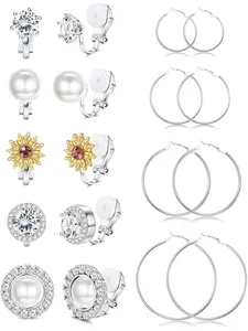 Trendy 9 Pairs Silvery Hoop Clip on Earrings Elegant Fashionable Hoop Shining CZ Pearl Ear Studs Ear Clips for Women Men Clip on Earrings Set Hoop Earring Sets Non Pierced Fake Earrings