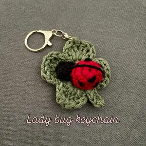 Lady Bug Keychain - Crocheted Design with Red and Black Ladybug Charm on Green Leaf Shape Cute