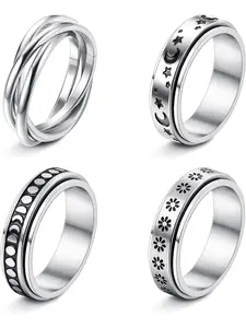 Stainless Steel Fidget Anxiety Ring for Women Men Fidget Spinner Rings Moon Star Celtic Stress Relieving Spinning Ring Wedding Band Stackable Rings Set,4-6Pcs