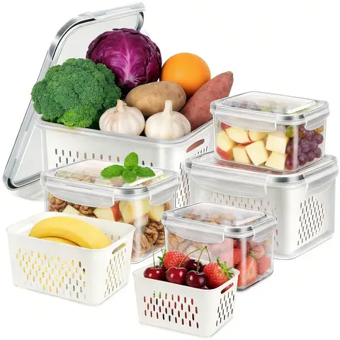 Rectangular Leak-Proof Airtight Food Storage Containers with Lids & Colanders, 4-Clip 6/8/10/12/16 Pcs Stackable Bins, Freezer-Ready Produce Storage for Pantry, Microwave Meal Prep (8 Pack Inclusive)