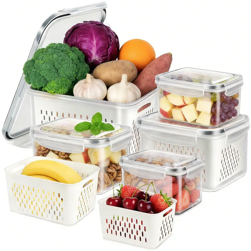 Rectangular Leak-Proof Airtight Food Storage Containers with Lids & Colanders, 4-Clip 6/8/10/12/16 Pcs Stackable Bins, Freezer-Ready Produce Storage for Pantry, Microwave Meal Prep (8 Pack Inclusive)