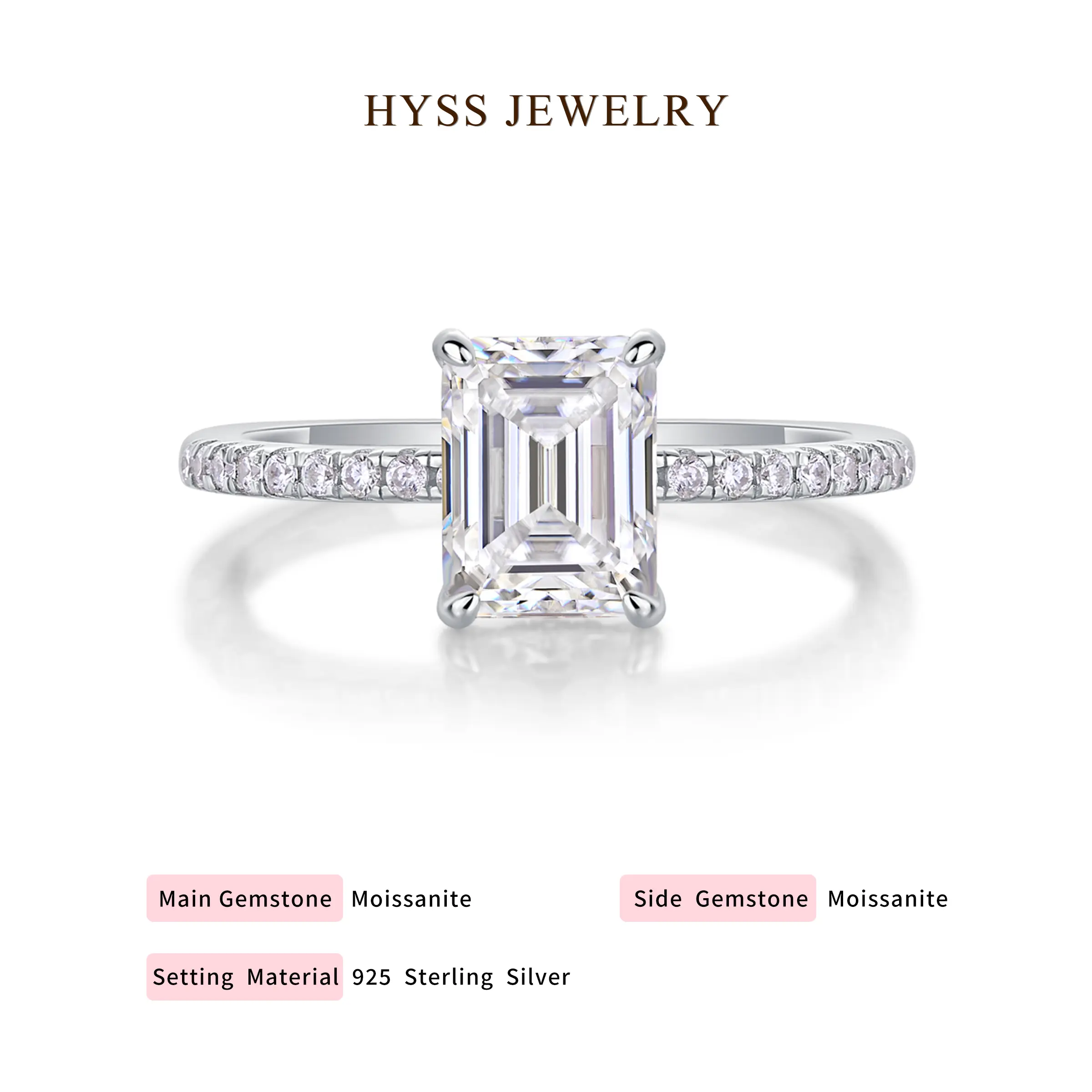 HYSS Emerald Cut Moissanite Solitaire Ring in 925 Sterling Silver, Elegant Promise and Engagement Jewelry for Women, Emerald Cut Solitaire Ring