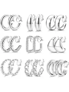 9pairs Clip on High Quality Earrings for Women, Hypoallergenic Non Pierced Chunky Clips Earcuff in Silver Color and, Perfect Jewelry Gift Set