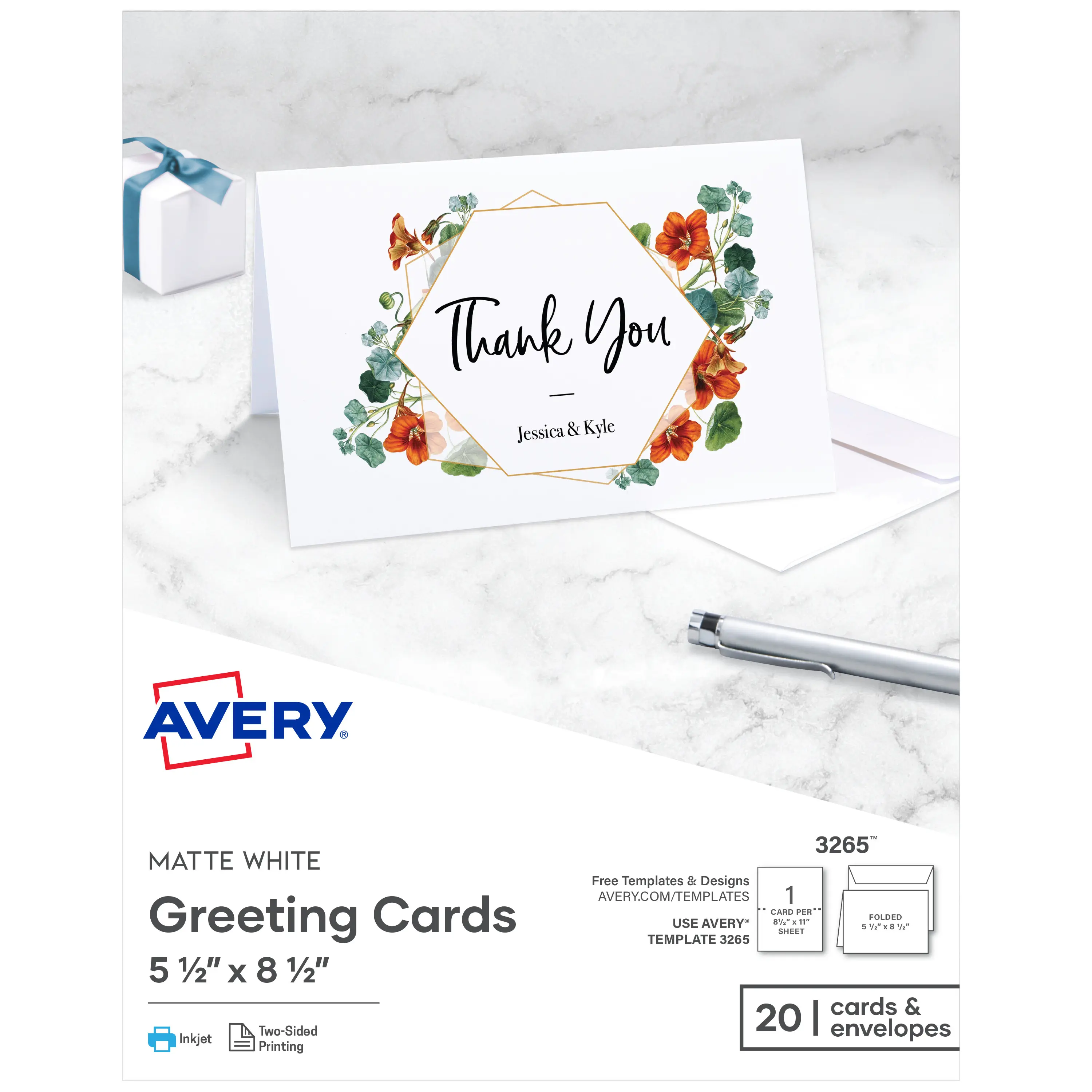 Avery Printable Half-Fold Greeting Cards, Envelopes Included, 5.5" x 8.5", Matte White, Inkjet Printer Compatible, 20 Blank Cards Total (3265)