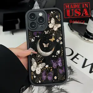 Vintage Butterfly Moon Pattern TPU Phone Case for iPhone 15 16 14 Pro Max 13 12 11 XR XS Plus E Shockproof Full Camera Protection Durable Slim Silicone Cover Smartphone Casing