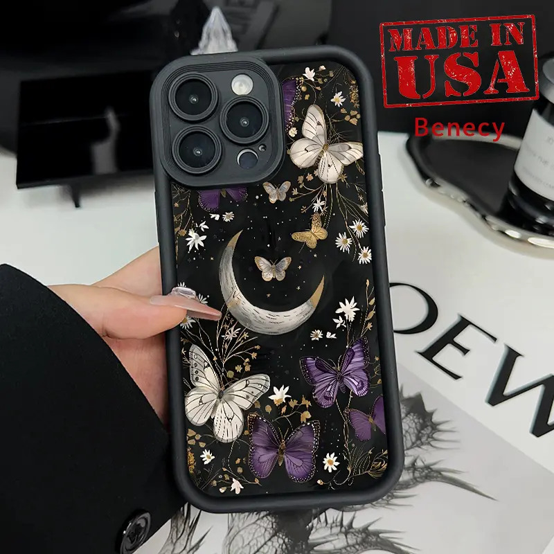 Vintage Butterfly Moon Pattern Silicone TPU Phone Case for iPhone 11-16, XR, XS Plus, E - Slim Fitted, Shock-Resistant, Full Camera Protection, Durable iOS Devices Accessories
