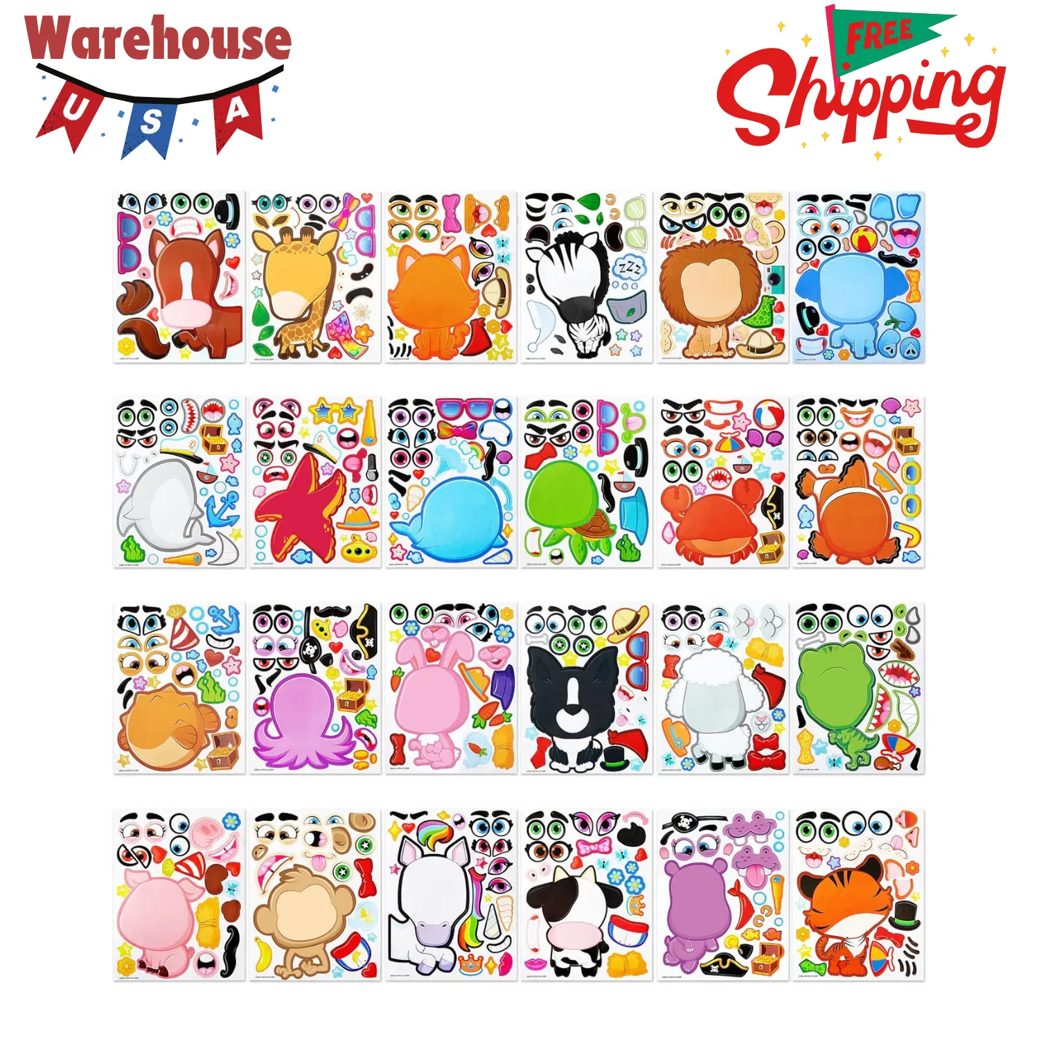 24 Sheets 9"x6" Make a face Stickers for Kids