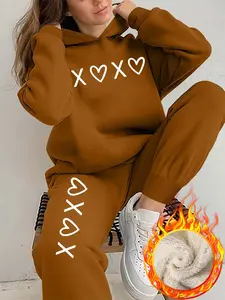 Women's Hooded Long Sleeve Sweatshirt Set Outfit, Xoxo Letter & Heart Print, Casual Loose Fit, Fall Winter Wear, Long Regular Pants, 2 Piece, Knitted Set, Womenswear