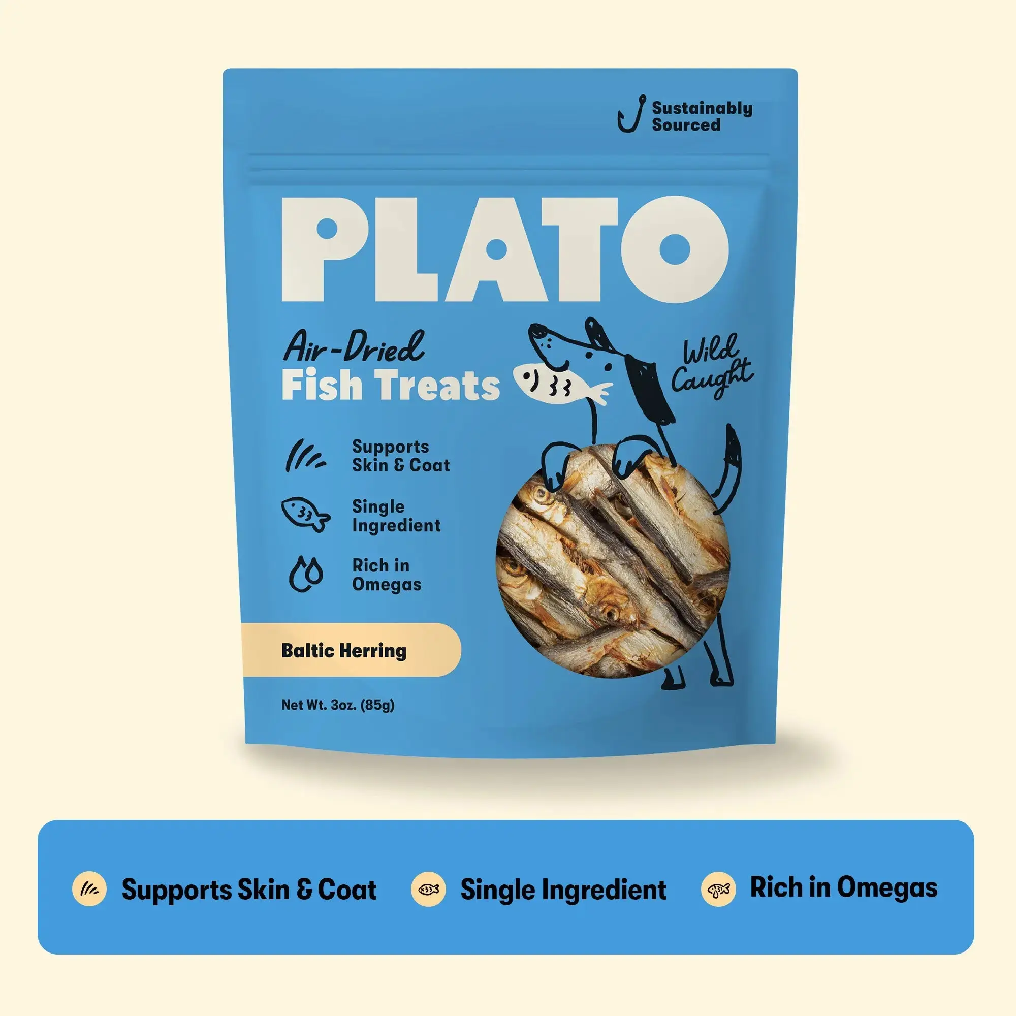 Plato Wild-Caught Baltic Herring Dog Treats, Single-Ingredient Whole Fish, Natural High-Protein, Air-Dried Grain-Free, Omega-3 Healthy Skin & Coat Support