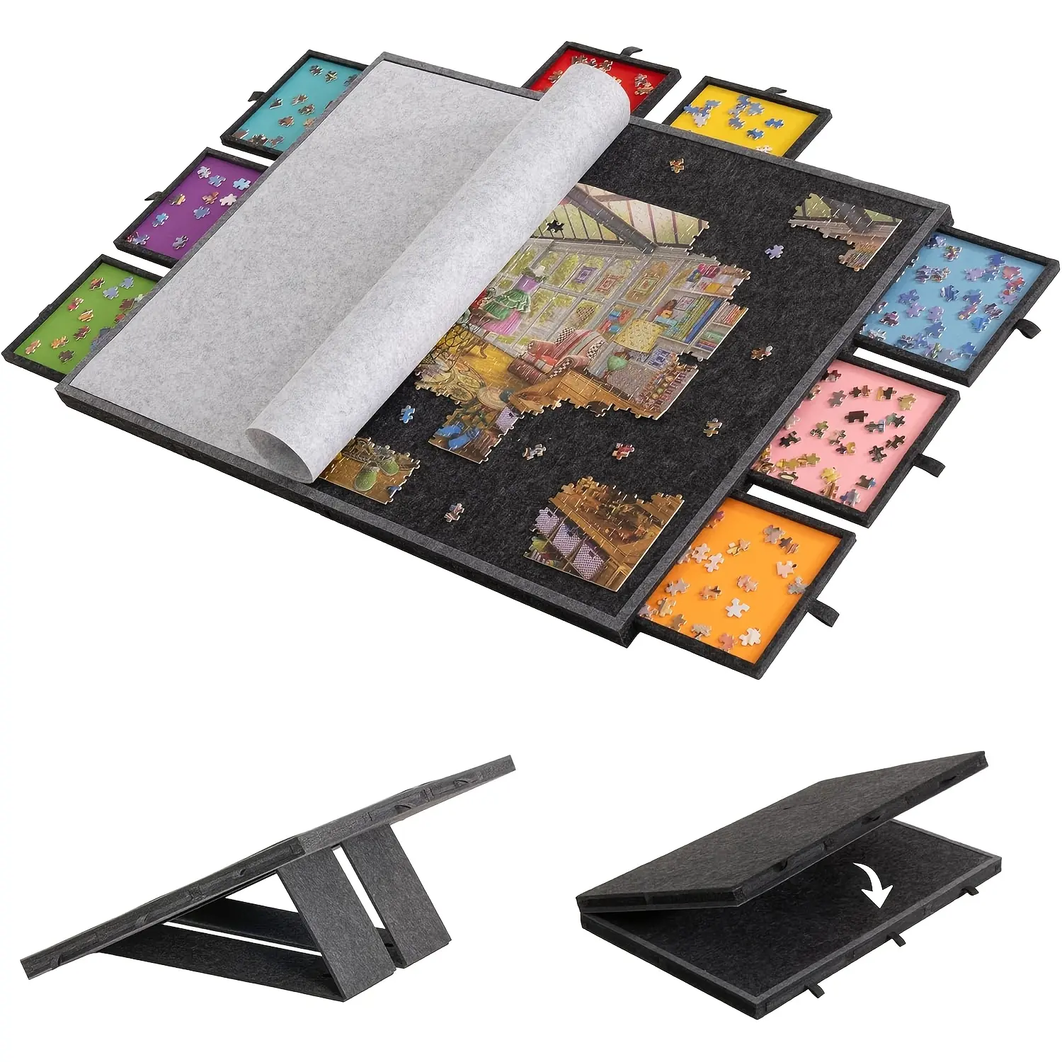 Foldable Felt Puzzle Board with 8 Color Sorting Drawers, Adjustable Stand & Puzzle Mat, Holds Up To 2000 Pieces Jigsaw Puzzle Tray