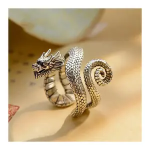 Classic silver 925 Chinese style domineering dragon head mens rings glossy retro style handsome High quality ring jewelry