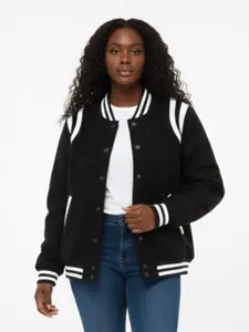 Women Varsity Jacket with Leather Shoulder Embellishment, Casual Style, Button Pocket, Medium Fit, Polyester, Spring Wear