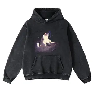 Funny Cat Acid Wash Hoodie Oversized Vintage Hoodie Unisex Heavy Weight Hoodie Distress Hoodies for Men Women Couples with Pockets 100902 Casual Sweatshirts