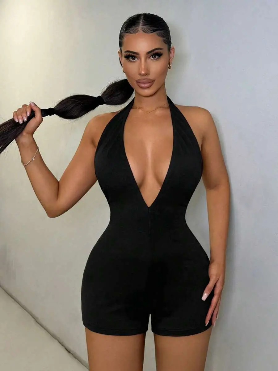 BASICS Summer Women's Black Jogging Shorts Backless Women's Romper