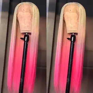 Aodbar hairs Long Ombre Pink Straight Synthetic Lace Front Wig 13*4 Glueless Wig HD Transparent Lace Wig Blonde and Pink Color Wig with Realistic Hairline, Ombre Wigs, Glueless Frontal Wig,summervibes
