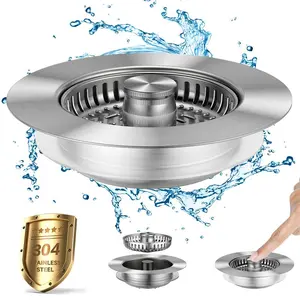 Kitchen Sink Drain Strainer 3 in 1 SUS304 Stainless Steel Pop Up Stopper Anti-Clogging Filter for US Standard 3.5" Drains Durable Leak-Proof Bathroom Organizing Accessories with Silicone Seal