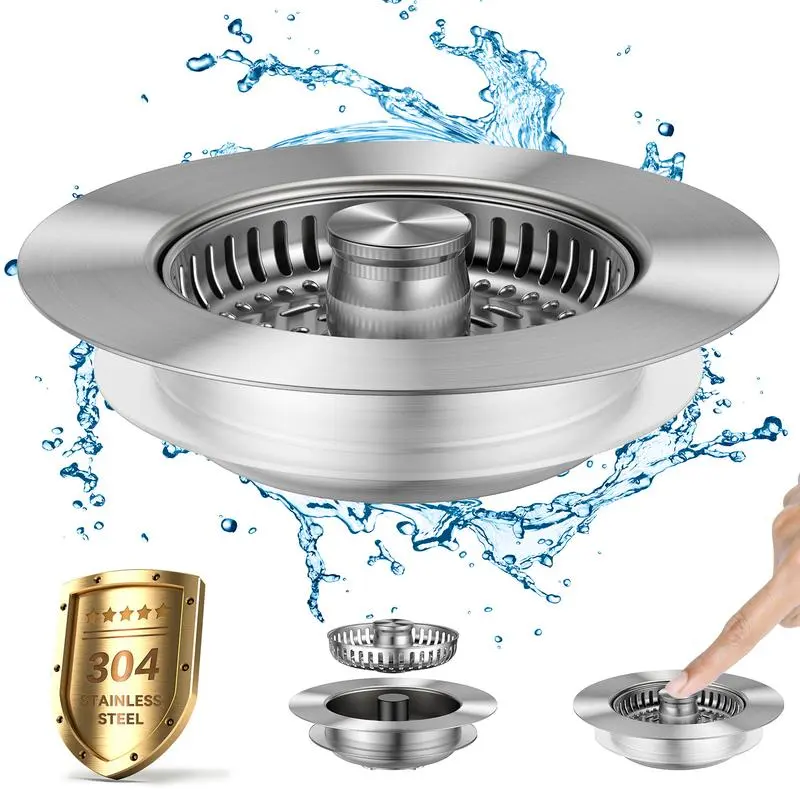 3-in-1 SUS304 Stainless Steel Kitchen Sink Drain Strainer - Smooth Pop-Up Stopper with Silicone Seal, Hair-Catching Anti-Clogging Filter for US Standard 3.5" Drains, Durable Leak-Proof Bathroom Gadget