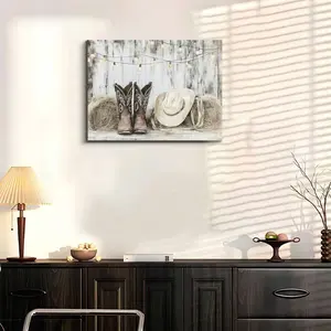 1pc, Rustic Farmhouse Western Country Canvas Art Print, Cowboy Boots And Hat With Hay Bales String Lights On Distressed Wood, Stretched Giclee Painting Decor For Living Room Bedroom Office, Ready To Hang