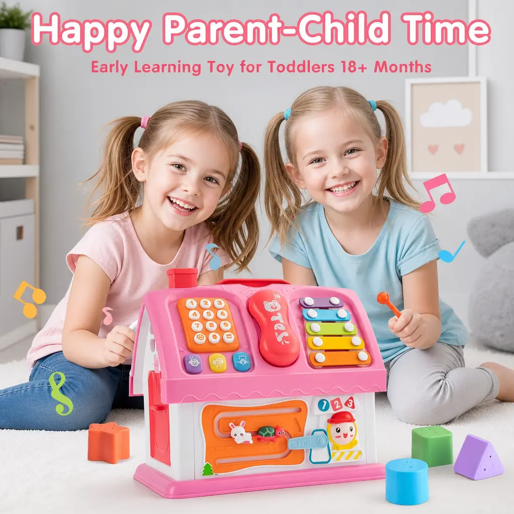 6-in-1 Montessori Baby Busy Board Activity Cube, Montessori-Inspired Learning Moments Sensory Cube Shape Sorters, Interactive Educational Music Toy, Home Birthday Gift for Toddlers