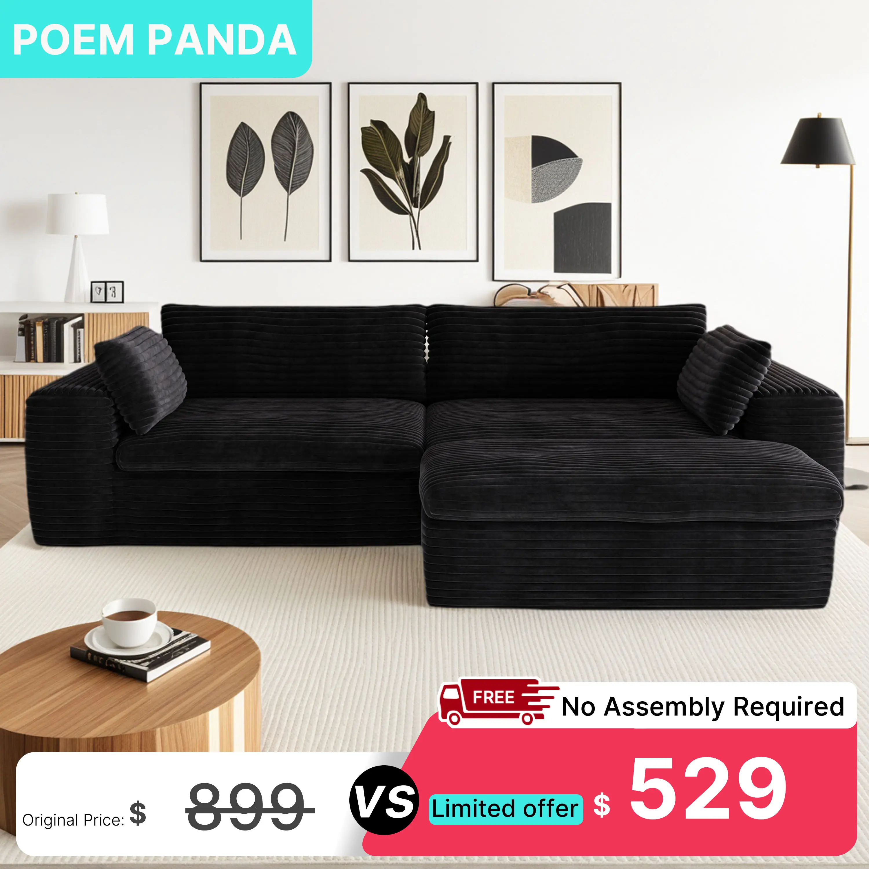 Cloud Sectional Couch with L-Shape Chaise,Modern Modular Sofa with Deep Seat, Upholstered Couches for Living Room Bedroom,No Assembly Required, Black