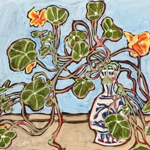 Nasturtium Study Print - Vibrant Floral Artwork Featuring Nasturtiums in a Ceramic Vase for Home Decor