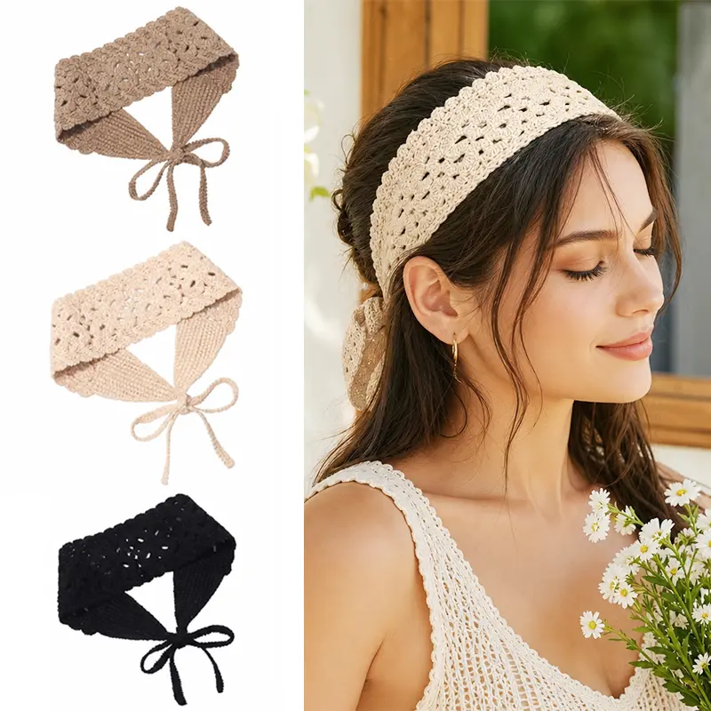 3 piece Boho Knit Hair Bandana Headbands Knit Hair Bands Crochet Headband Hollow Out Hair Wrap Adjustable Tie-Up For Daily Wear, Festival, Travel