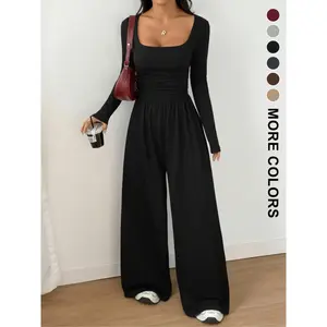 Women's spring, autumn, and winter knitted wide leg elastic jumpsuit, casual fit, fashionable and simple, multifunctional one-piece pantsRAIMENTRY
