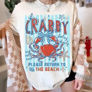 Comfort Colors If Crabby Return To The Beach Shirt, Funny Preppy Summer Graphic Tee, Hand-Drawn Coquette Beach Aesthetic, Sarcastic Summer Apparel