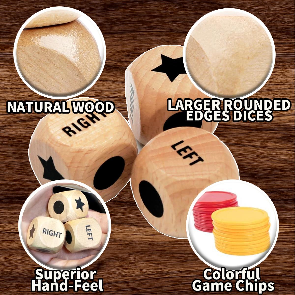 48+3 PCS Left Right Roll Dice Game Set - 3 Wooden Dice & 48 Chips in Wooden Box | Portable Travel Party Game for Family, Friends, Adults (Wood) 48+3 PCS Left Right Roll Dice Game Set - 3 Wooden Dice & 48 Chips in Wooden Box | Portable Travel Party Game for Family, Friends, Adults (Wood)