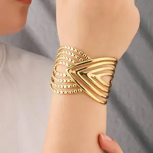 Hollow Geometry Opening Cuff Bangles for Women Gold-plated Stainless Steel Adjustable Bracelets Charm Girl Wrist Fashion Jewelry
